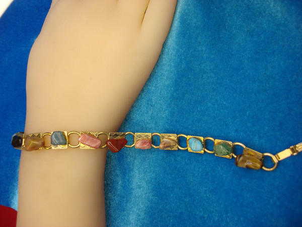 Gold Tone Bracelet with 11 Natural Gemstones - 7 Inch Multicolor Stacking Bracelet