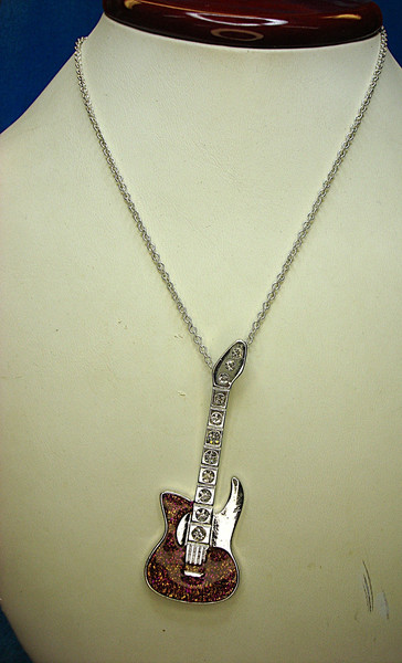 Official Disney Hannah Montana Silver Tone Guitar Necklace - Glitter & Diamonds