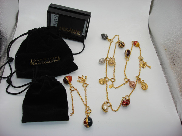 Vintage Joan Rivers Faberge Egg Necklace & Earrings Set | Estate Jewelry | 10 Eggs, Heart Charm, Gold-Tone