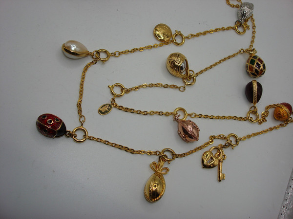 Vintage Joan Rivers Faberge Egg Necklace & Earrings Set | Estate Jewelry | 10 Eggs, Heart Charm, Gold-Tone