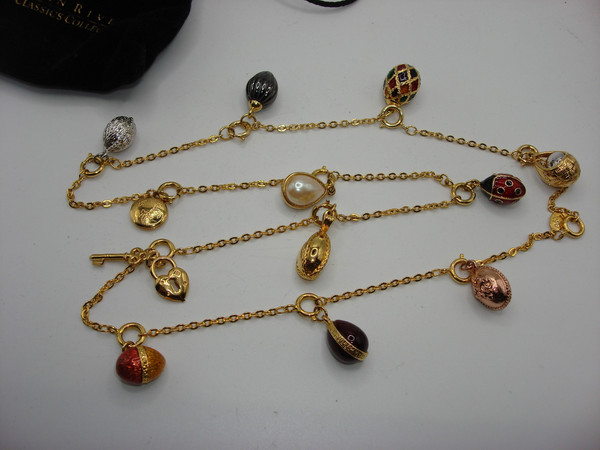 Vintage Joan Rivers Faberge Egg Necklace & Earrings Set | Estate Jewelry | 10 Eggs, Heart Charm, Gold-Tone