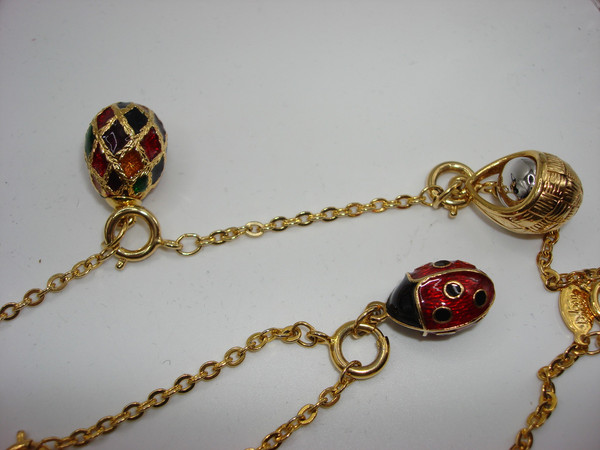 Vintage Joan Rivers Faberge Egg Necklace & Earrings Set | Estate Jewelry | 10 Eggs, Heart Charm, Gold-Tone