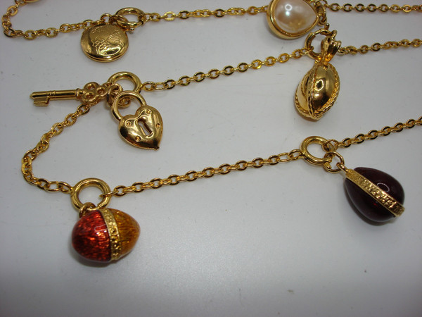 Vintage Joan Rivers Faberge Egg Necklace & Earrings Set | Estate Jewelry | 10 Eggs, Heart Charm, Gold-Tone