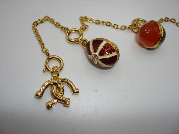 Vintage Joan Rivers Faberge Egg Necklace & Earrings Set | Estate Jewelry | 10 Eggs, Heart Charm, Gold-Tone