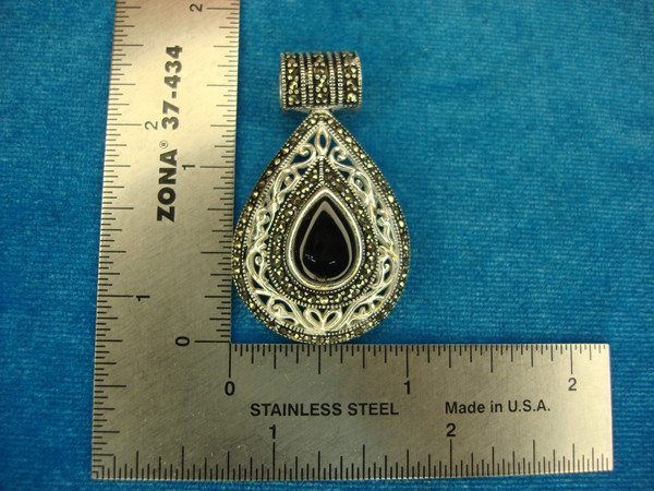 Sterling Silver Onyx & Marcasite Pendant - Pre-Owned, Excellent Condition