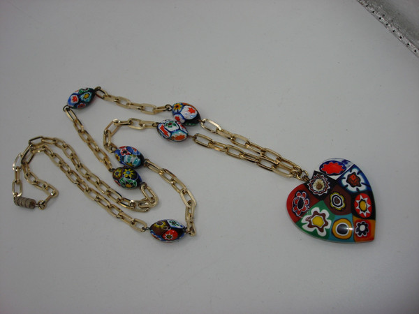 Vintage 1970s Millefiore Heart Pendant & Bead Necklace (28