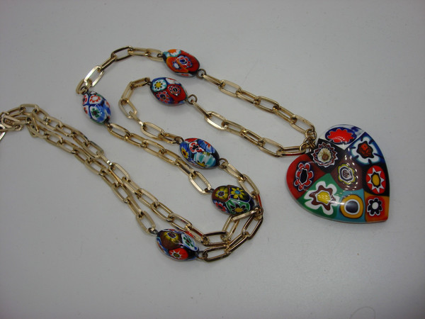 Vintage 1970s Millefiore Heart Pendant & Bead Necklace (28