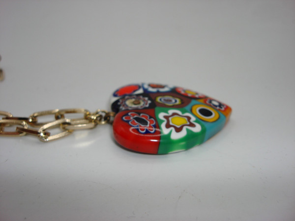 Vintage 1970s Millefiore Heart Pendant & Bead Necklace (28