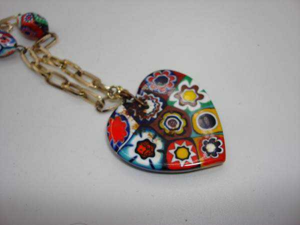 Vintage 1970s Millefiore Heart Pendant & Bead Necklace (28