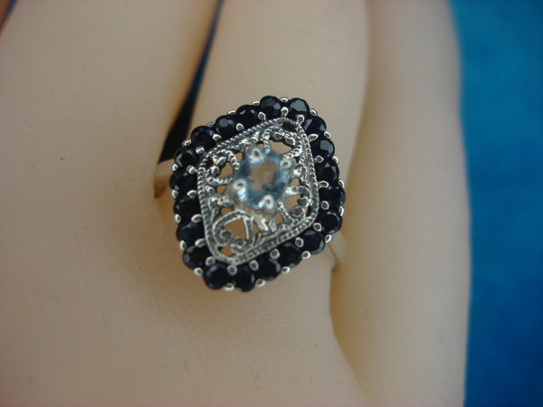 Vintage Style Sterling Silver Aqua & Topaz Ring - Size 8