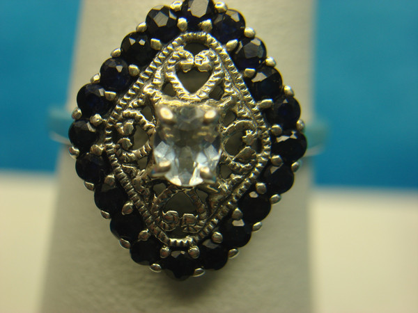 Vintage Style Sterling Silver Aqua & Topaz Ring - Size 8