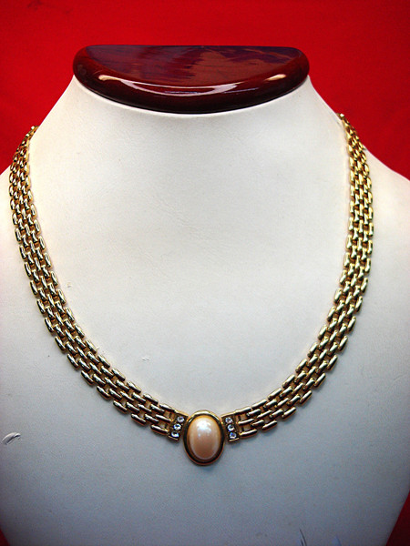 Gold Tone Choker Necklace Set - Enamel & Faux Pearl, 2 Piece Lot
