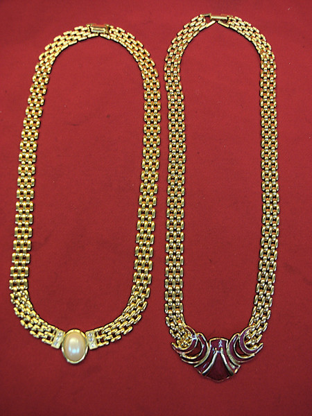Gold Tone Choker Necklace Set - Enamel & Faux Pearl, 2 Piece Lot