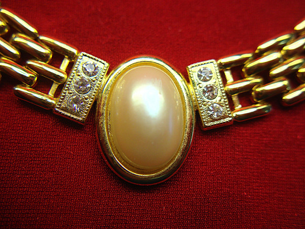 Gold Tone Choker Necklace Set - Enamel & Faux Pearl, 2 Piece Lot