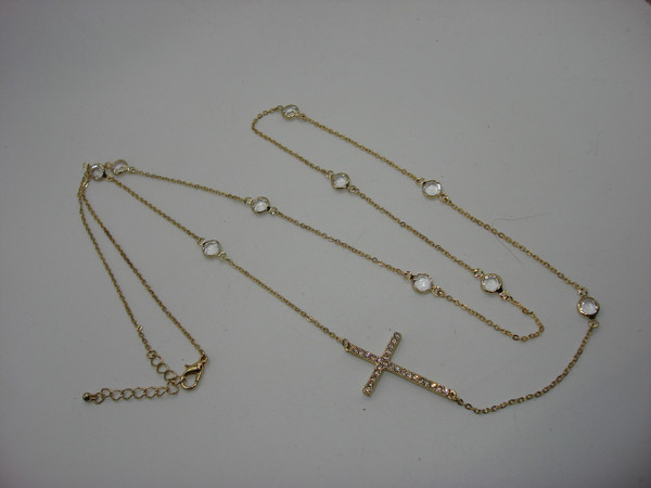 Vintage 18 Inch Gold Tone Sideways Cross Necklace with Sparkling Clear Glass Stones