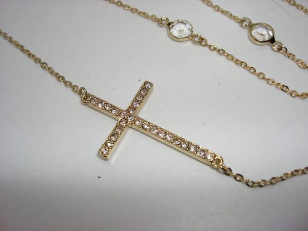 Vintage 18 Inch Gold Tone Sideways Cross Necklace with Sparkling Clear Glass Stones