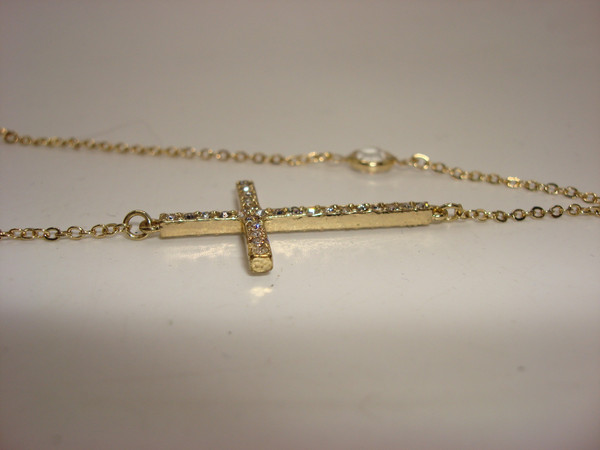 Vintage 18 Inch Gold Tone Sideways Cross Necklace with Sparkling Clear Glass Stones