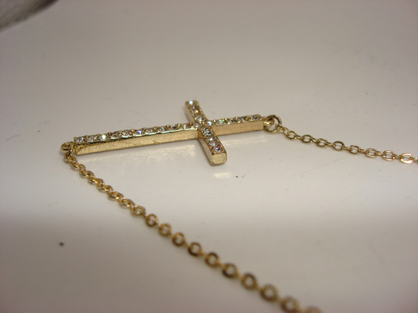 Vintage 18 Inch Gold Tone Sideways Cross Necklace with Sparkling Clear Glass Stones
