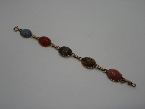 Vintage 12K Gold Filled Scarab Bracelet | Five Genuine Gemstone Beetles - 6.5