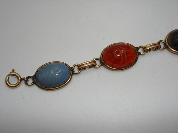 Vintage 12K Gold Filled Scarab Bracelet | Five Genuine Gemstone Beetles - 6.5