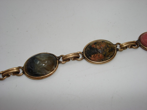Vintage 12K Gold Filled Scarab Bracelet | Five Genuine Gemstone Beetles - 6.5