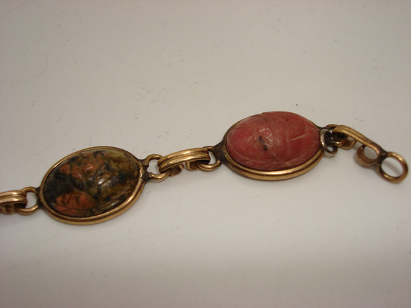 Vintage 12K Gold Filled Scarab Bracelet | Five Genuine Gemstone Beetles - 6.5