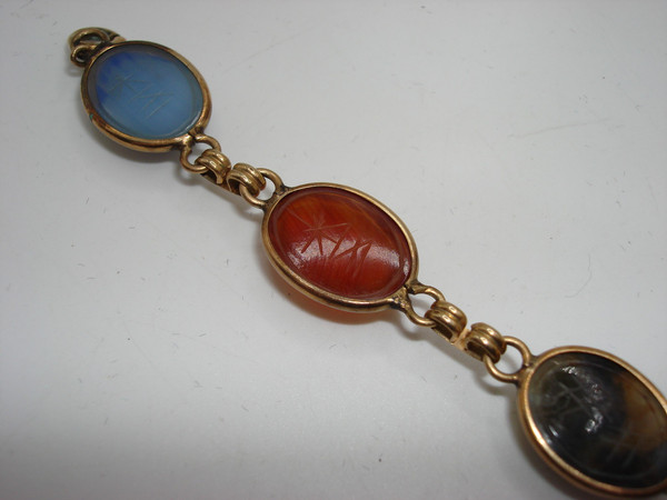 Vintage 12K Gold Filled Scarab Bracelet | Five Genuine Gemstone Beetles - 6.5