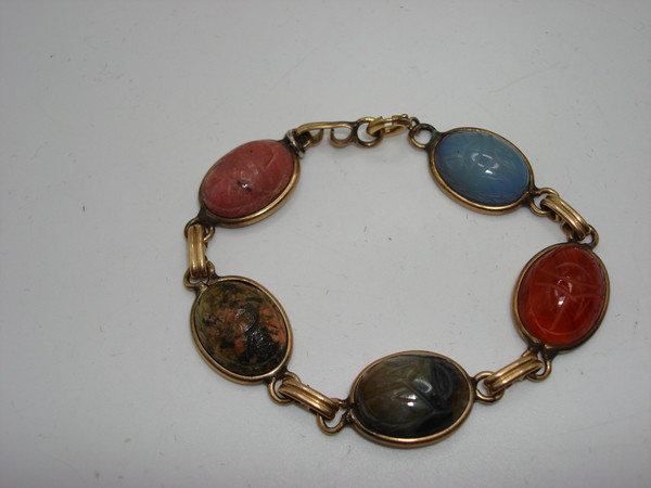 Vintage 12K Gold Filled Scarab Bracelet | Five Genuine Gemstone Beetles - 6.5
