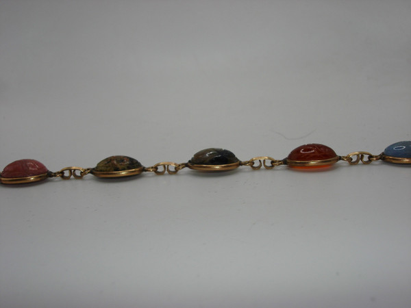 Vintage 12K Gold Filled Scarab Bracelet | Five Genuine Gemstone Beetles - 6.5