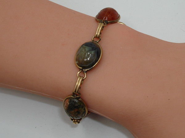 Vintage 12K Gold Filled Scarab Bracelet | Five Genuine Gemstone Beetles - 6.5