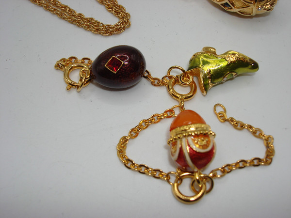 Vintage Joan Rivers Faberge Egg Necklace & Charm Set | Cubic Zirconia, Pearl & Enamel Charms