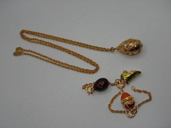 Vintage Joan Rivers Faberge Egg Necklace & Charm Set | Cubic Zirconia, Pearl & Enamel Charms