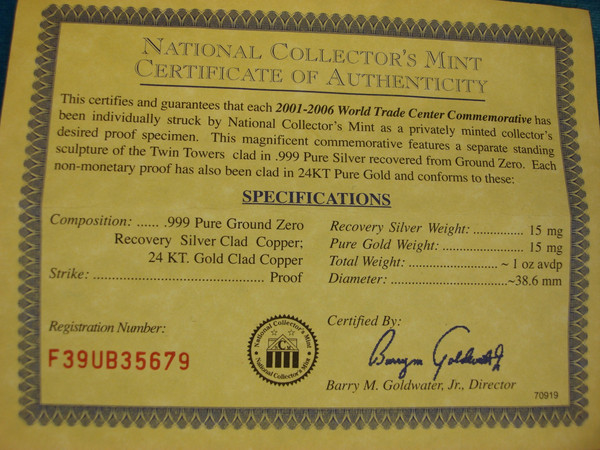 World Trade Center Commemorative Coin Set (2001-2006) -  Twin Towers Replica, 24k Gold & Silver