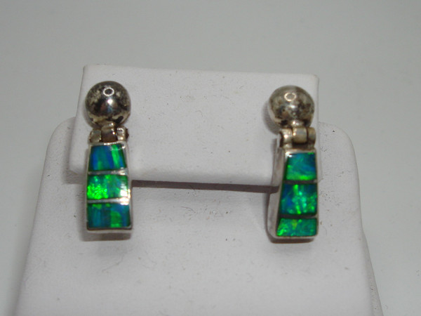 Vintage Mexico 950 Silver Dangle Earrings with Fiery Opal Inlay