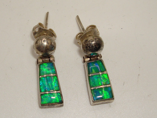 Vintage Mexico 950 Silver Dangle Earrings with Fiery Opal Inlay