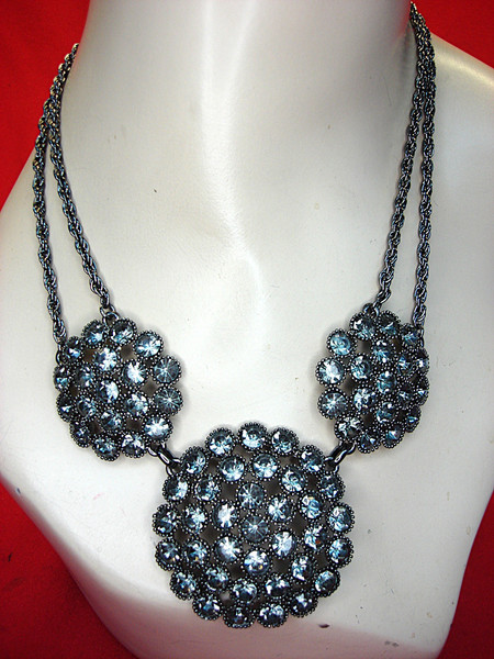 Vintage Blackened Metal Necklace w/ Medium Blue Stones, 18-21 Inch