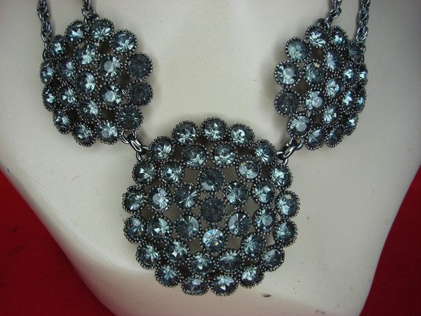 Vintage Blackened Metal Necklace w/ Medium Blue Stones, 18-21 Inch