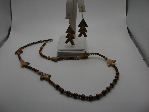 Vintage 14K Gold-Filled Tiger's Eye & Picture Jasper Necklace & Earrings Set