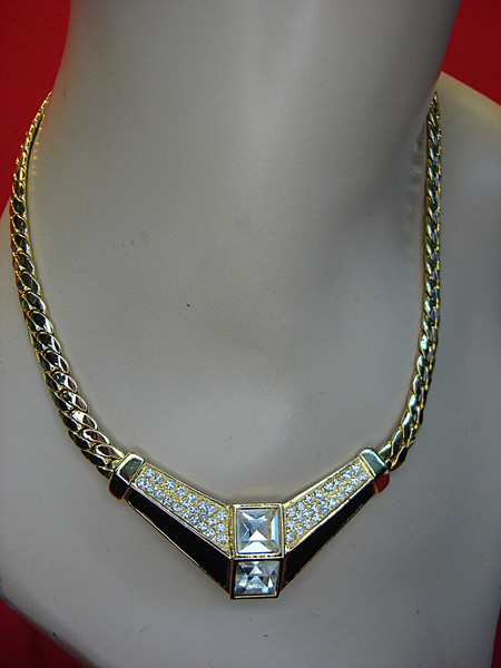 Vintage Gold Tone Choker Necklace with Black Enamel, Topaz & Faux Diamonds