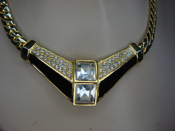 Vintage Gold Tone Choker Necklace with Black Enamel, Topaz & Faux Diamonds