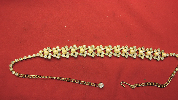 Vintage Gold Tone Choker Necklace with Faux Diamonds & Pearls (12-15 inch)