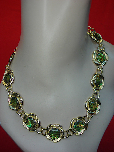 Vintage Gold Tone Abalone Leaf Necklace - 20 Inch Statement Piece