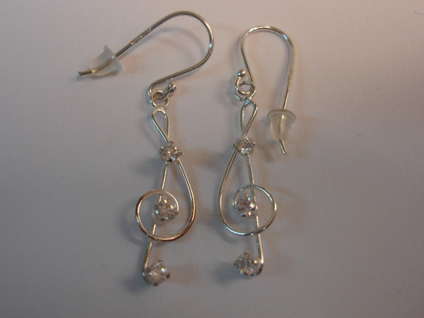 Sterling Silver Treble Clef Dangle Earrings with Cubic Zirconia - Musical Jewelry Gift