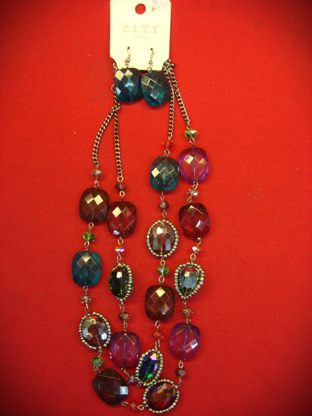 Colorful Beaded Necklace & Earrings Set - Adjustable, New on Card