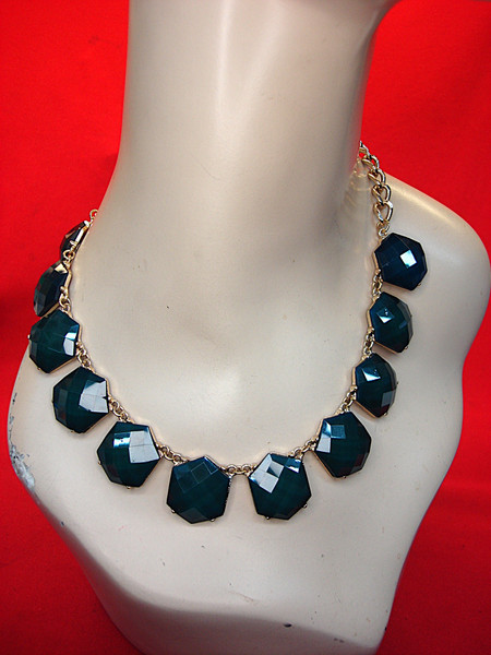 Vintage Gold Tone Hexagon Necklace - Dark Green/Blue, Adjustable 18-20