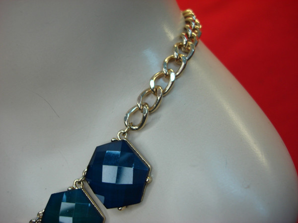 Vintage Gold Tone Hexagon Necklace - Dark Green/Blue, Adjustable 18-20
