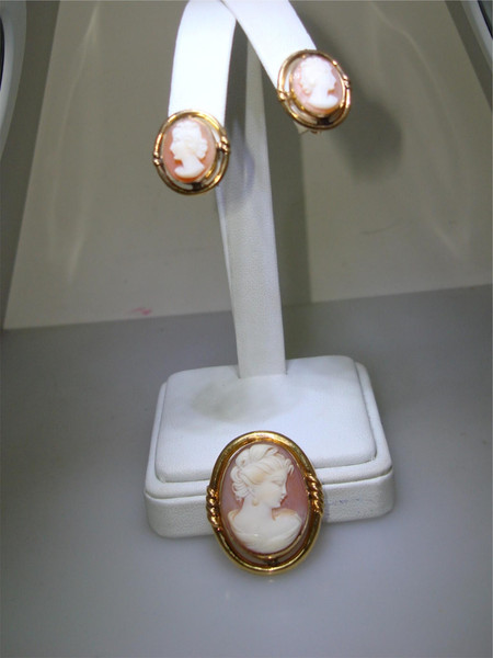 Vintage Signed Gold Filled Cameo Brooch & Earrings Set - 1/20 12K GF