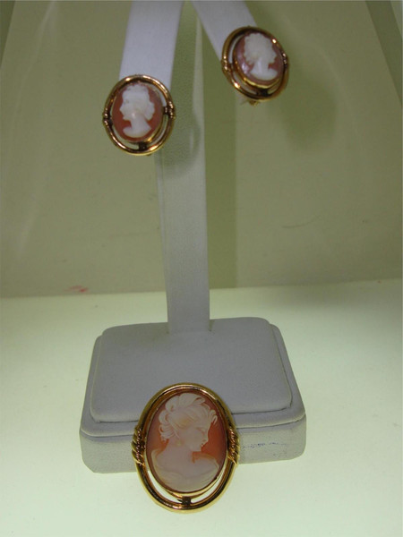 Vintage Signed Gold Filled Cameo Brooch & Earrings Set - 1/20 12K GF