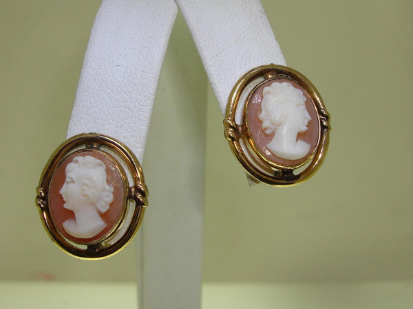 Vintage Signed Gold Filled Cameo Brooch & Earrings Set - 1/20 12K GF