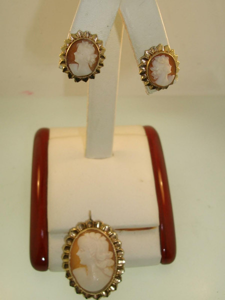 Vintage Gold Filled Carved Shell Cameo Pin & Earrings Set | Signed L.S.P. Co.